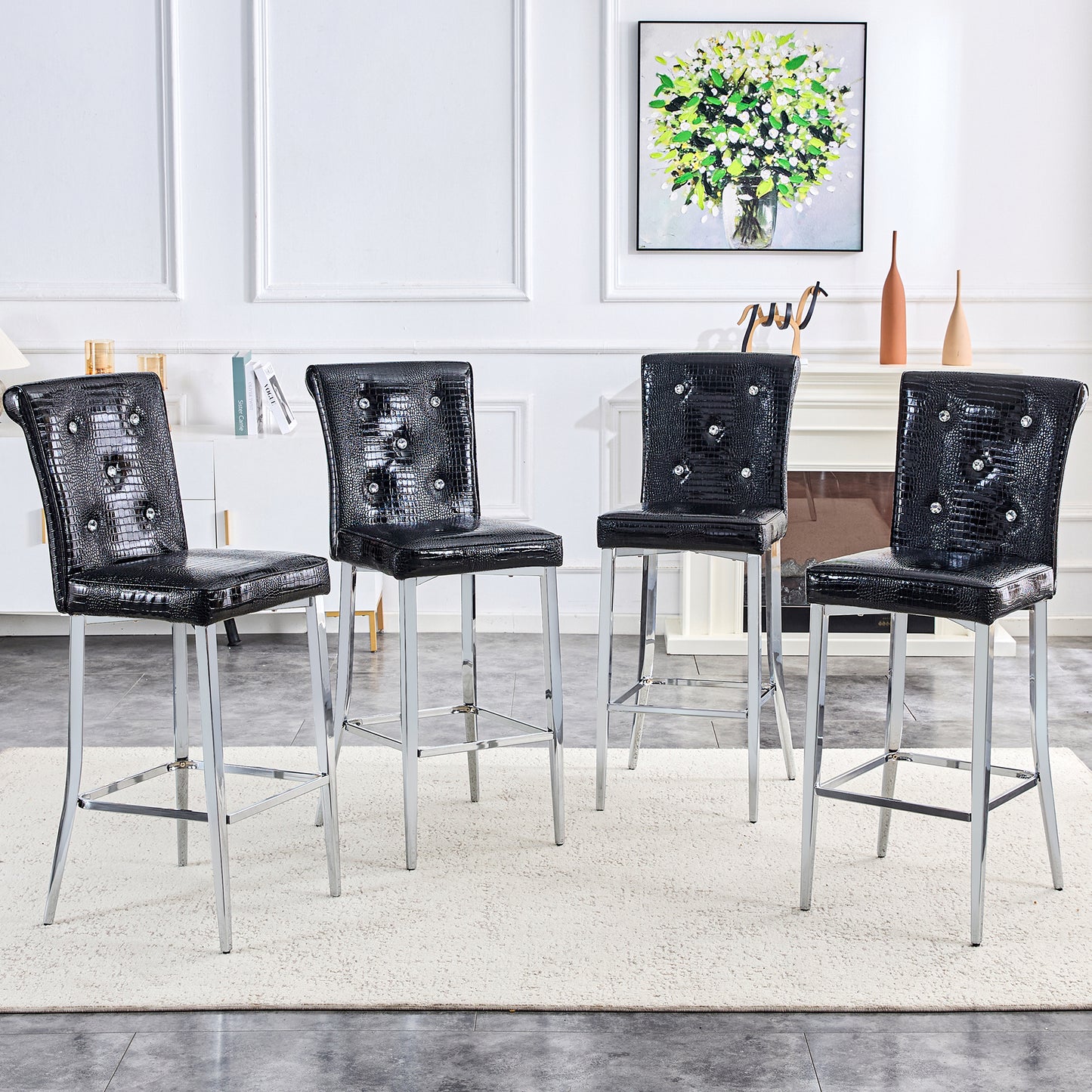 A Set Of 2 Black Vintage Crocodile Leather Bar Chairs, Featuring Crystal Clasp Design And Synthetic Leather Design, Adding A Touch Of Elegance And Mystery To The Dining Area