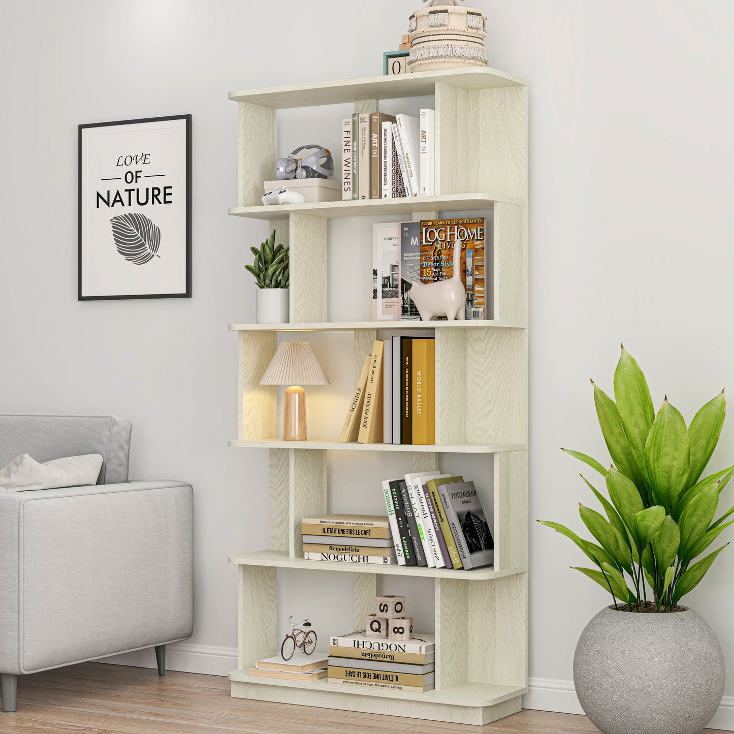 31.5L X 64.56 H Free Combination Bookshelf Modern 5-Tier Open Storage Bookcase MDF Wood Display Shelving For Living Room Home Office Bedroom Decor Organizer, Media Storage Shelves