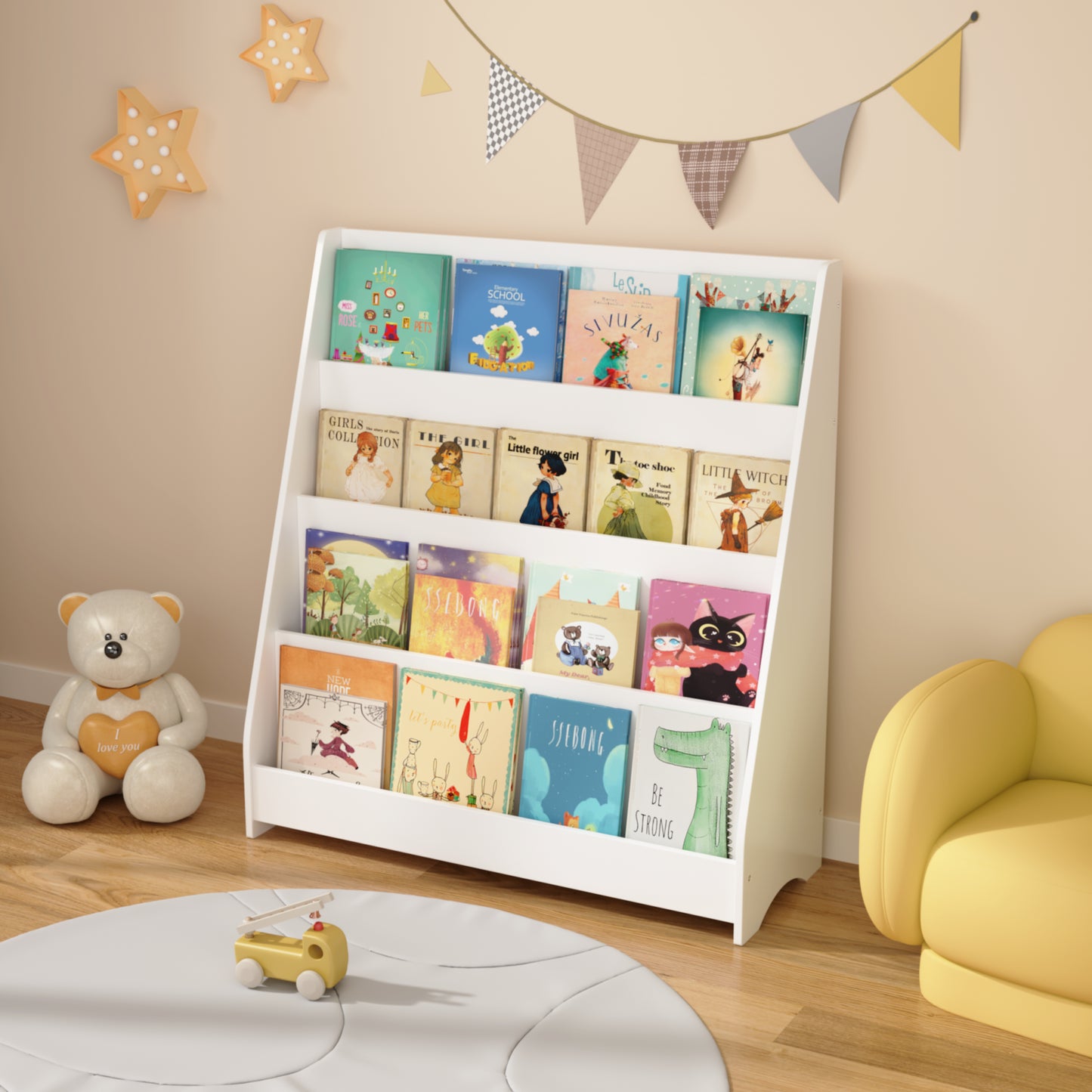 4-Tier Kids Bookshelf, Toddler Book Display Shelves, Helps Keep Bedrooms, Playrooms, And Classrooms Organized,White