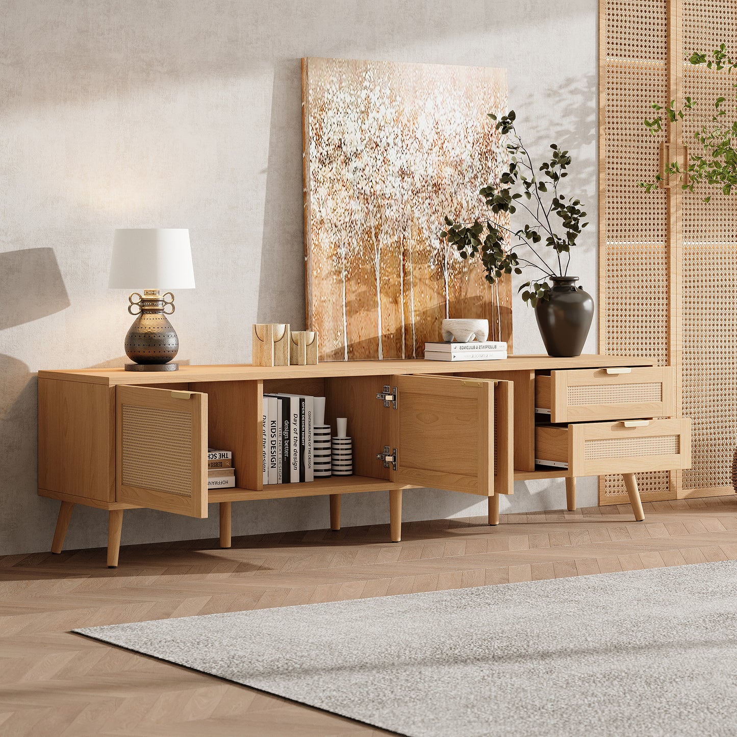 70inch Modern TV Stand With Rattan Doors For TVs Up To 80, Media Console With Storage Space, 2 Drawers & Cable Holes, Entertainment Center For Living Room