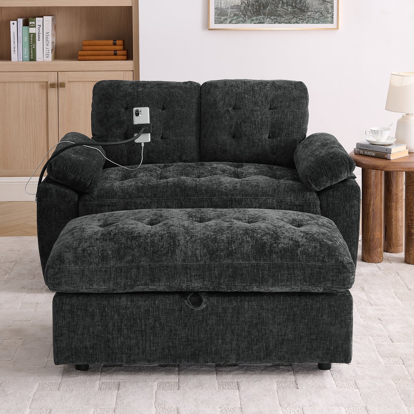 Leisure Sofa Chair,Double Sofa Recliner, With Manually Adjustable Backrest, Soft Padded Armrests, Side USB Charging Port And Phone Stand, Comes With A Matching Storage Ottoman-Black