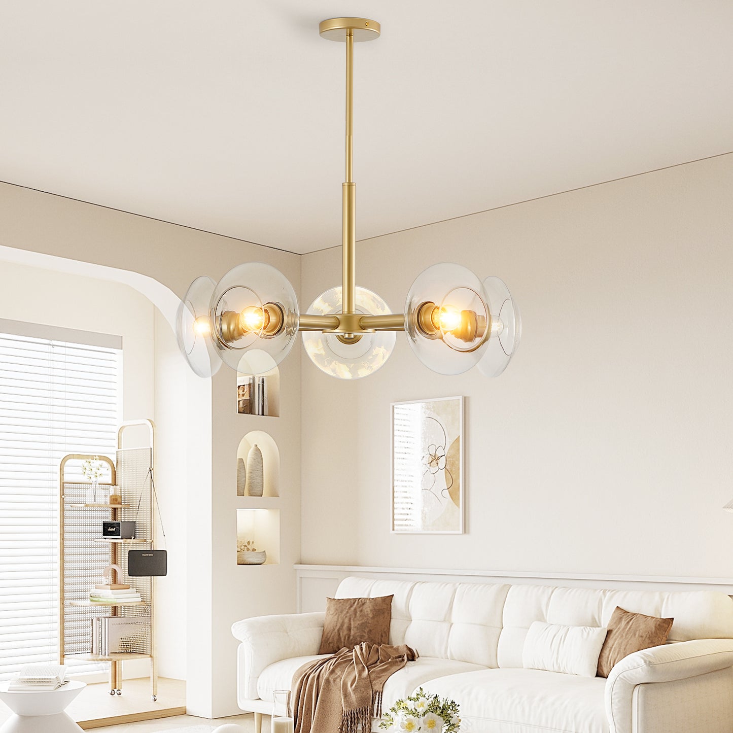 26  Modern Gold 5-Light Sputnik Chandelier With Clear Glass Shades, Mid-Century Hanging Pendant Light Fixture For Dining Room, Living Room, Or Kitchen Bulb Not Included