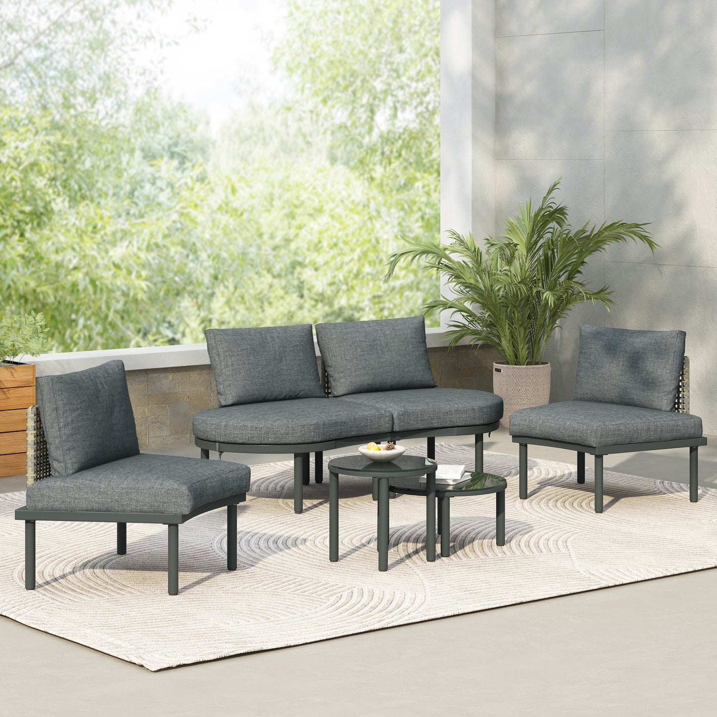 TOPMAX 6-Piece Patio Sofa Furniture Set, Half Moon Outdoor Sectional Sofa With 2 High-Low Coffee Tables, PE Wicker Rattan, Tempered Glass, 4 Pillows & Cushions, For Backyard, Garden, Poolside,Gray