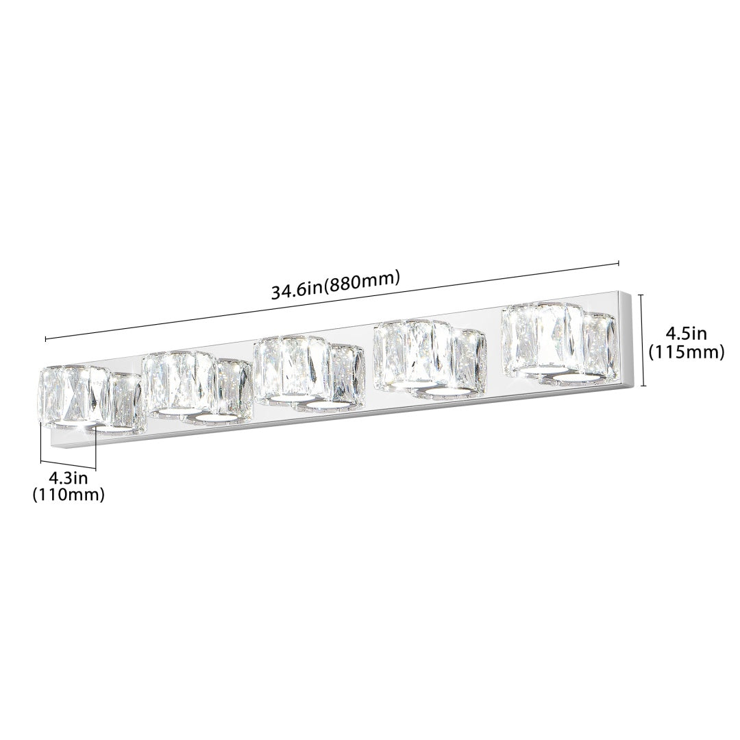 35  Modern Crystal 5-Light LED Wall Sconce -Elegant Chrome Bathroom Vanity Light With Clear Crystal Shades For Bathroom, Bedroom, Or Hallway