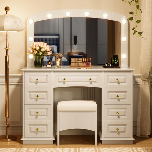 Old Luxurious Makeup Vanity With 10 Hollywood Bulbs, 3 Color Lighting Modes, Classic Dressing Table With Cushioned Stool And 9 Storage Drawers For Bedroom, White