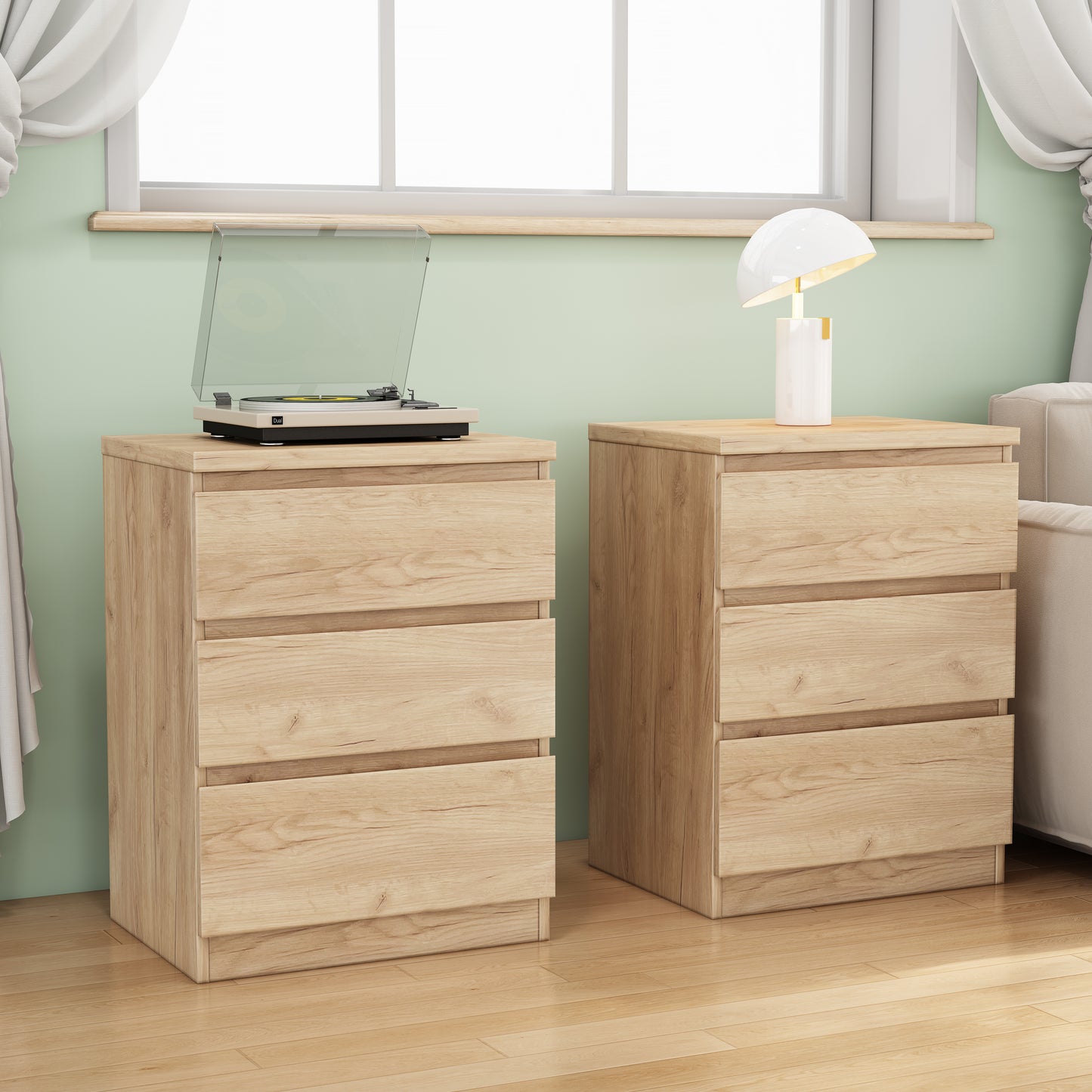 19.7-Inch Natural Nightstand With 3 Drawers,Set Of 2,Beside Table With Drawers Handle Free Design,Thickened Top Plate,Small Side Table Storage Cabinet 3 Drawer Night Stand For Bedroom,Living Room