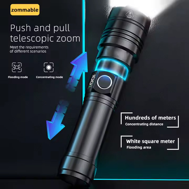 Rechargeable Flashlight 50000 Lumens Long Range Super Bright USB C LED Flashlight Long Life 5 Modes Powerful Zoomable Flashlights For Emergency Hiking Camping