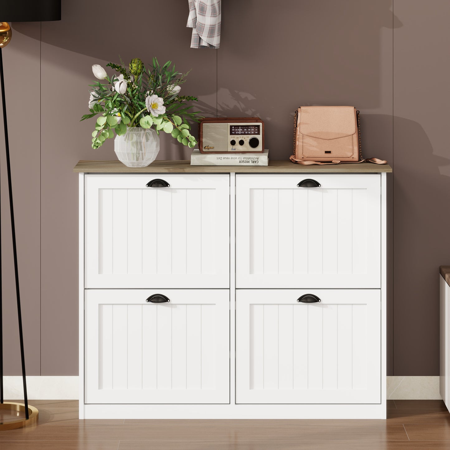 Shoe Storage Cabinet With 4 Flip Drawers, Freestanding Shoe Cabinet Organizer With Adjustable Shelf, Shoe Cabinet For Entryway,  Foyer, Slim Shoe Cabinet-White