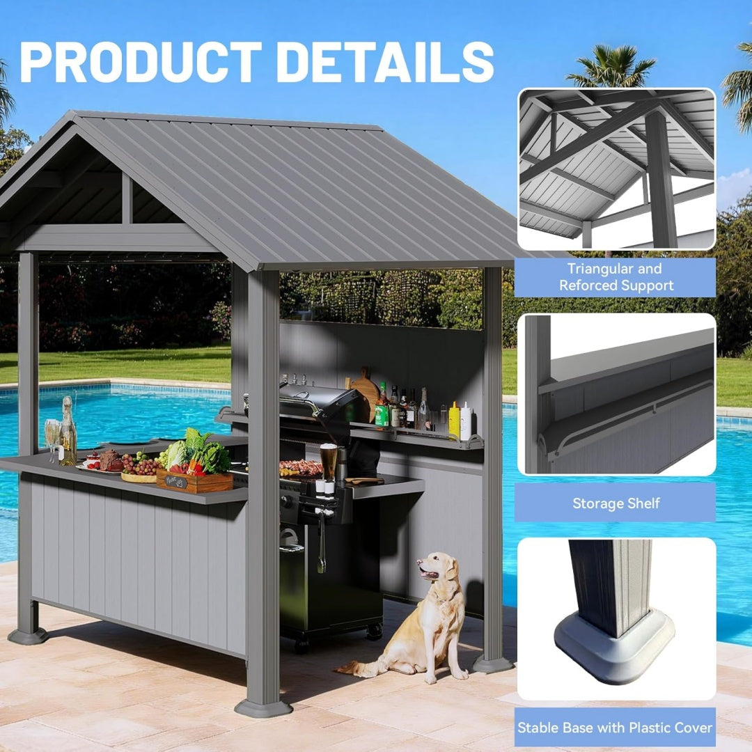 9.4X6.2 FT Hardtop Grill Gazebo, Gable Outdoor Grill Gazebo With Storage Shelves & Resin Shade System, Galvanized Steel Metal Hard Top Gazebo For Patio  Garden -Grey