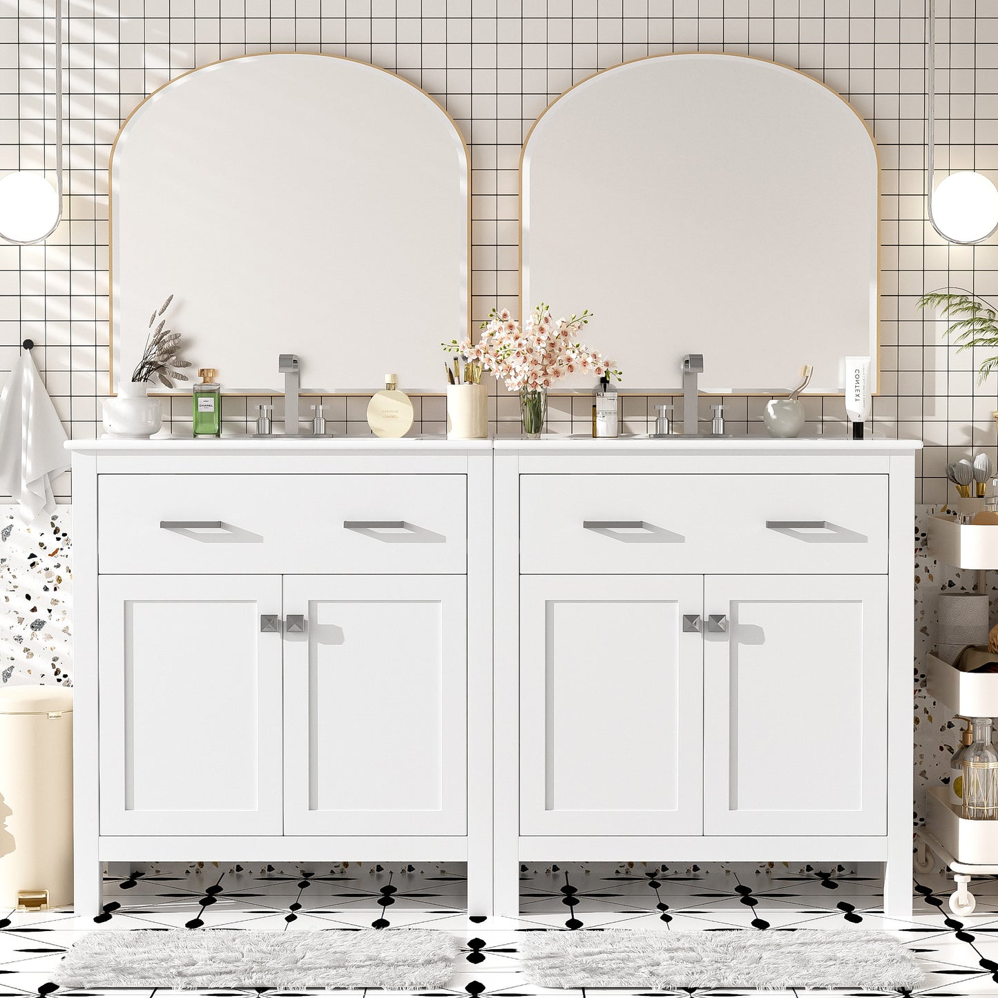 60  Modern White Bathroom Vanity Set With Double Vanities  Separate , Double Ceramic Sinks, Adjustable Shelf, Soft Close Doors And Flip Drawer-Modern Bathroom Solution For Spacious Bathrooms