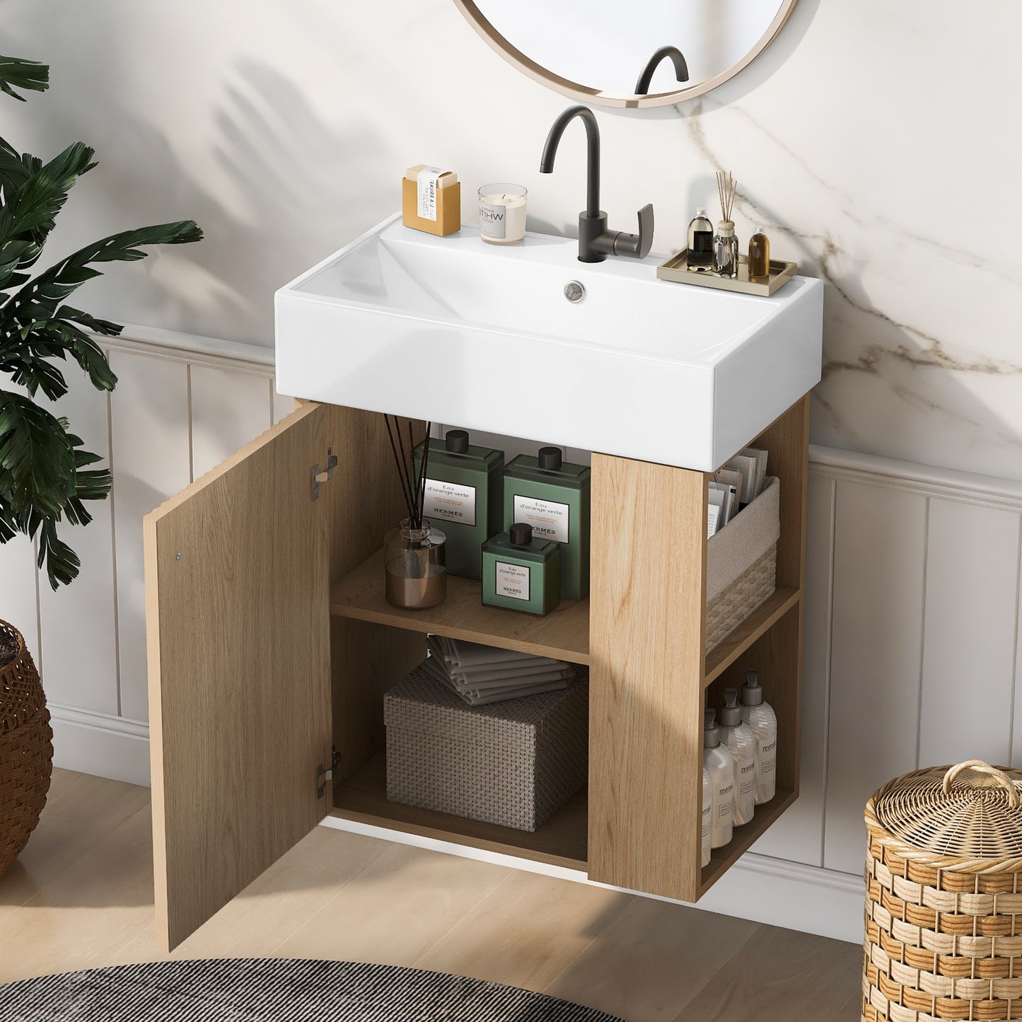 21.6  Modern Floating Bathroom Vanity With Ceramic Basin - Perfect For Small Bathrooms, Right Side Storage