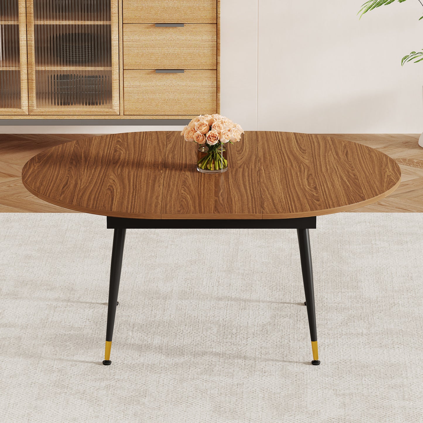 Walnut Oval Extendable Dining Table, MDF Top Modern Expandable Kitchen Table With Sturdy Metal Legs For Dining Room, Seats 6-10 People