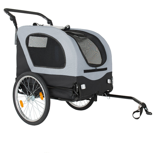 2-in-1  Bike Trailer & Pet Stroller For Dogs Up To 110lbs-Foldable Pet Carrier Cart With Front Caster & 20   Quick Release Air-Filled Wheels, Breathable Mesh And PVC Rain Cover, Gray