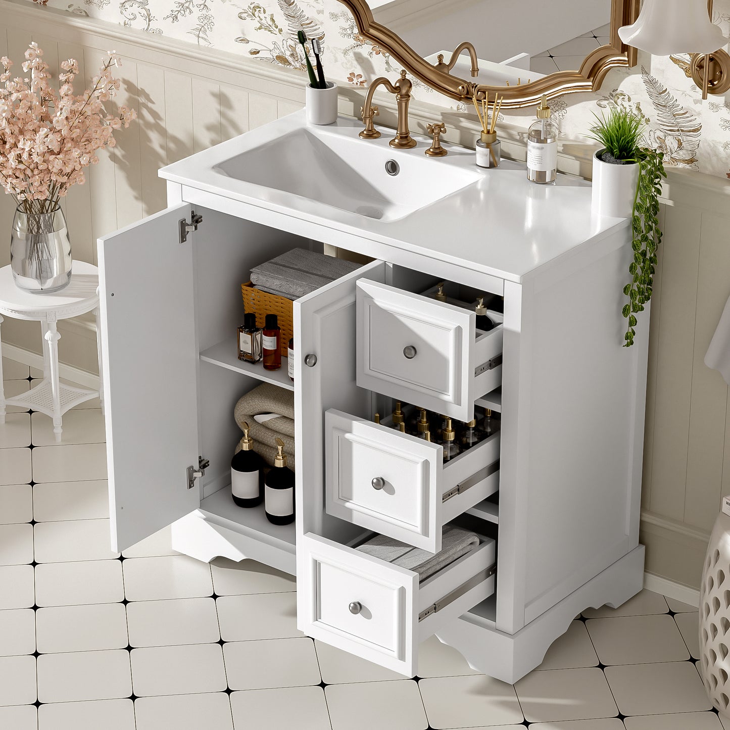 36'' Transitional Bathroom Vanity With Ceramic Sink -Features 2 Soft-close Doors, An Adjustable U-shaped Shelf, 3 Drawers  Including One With Divider , Painted Finish, And Ample Storage Space