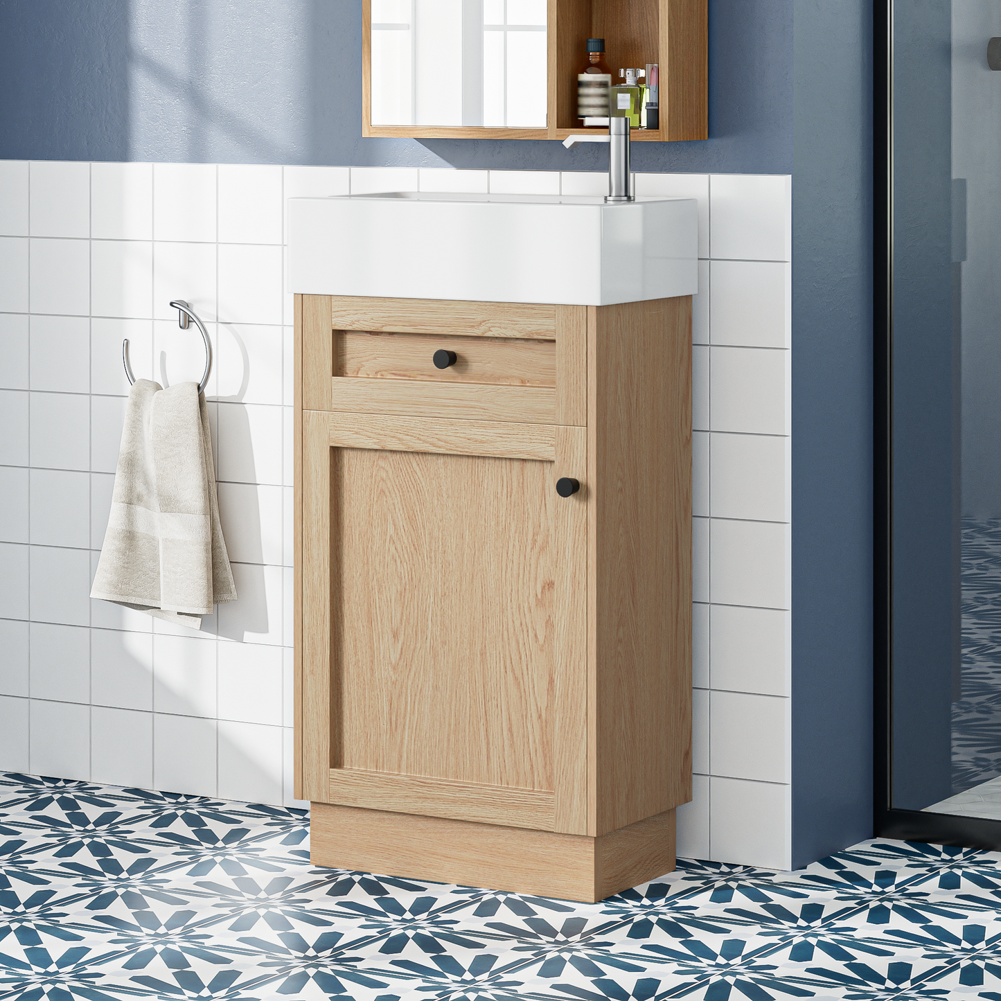 18.5  Bathroom Vanity With Reversible Resin Sink, MDF Cabinet With Adjustable Shelf And Elegant Zinc Alloy Handles, Wood Grain Melamine Finish, Reversible Door, Rustic Style For Small Spaces