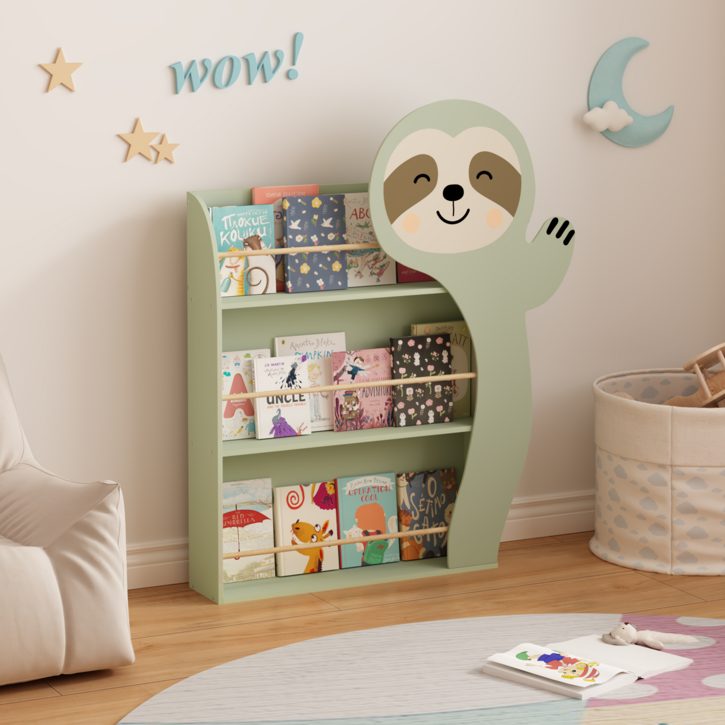 Sloth Kids Bookshelf, Front-Facing Toddler Book Display Rack With 3 Tiers, Cute Animal Design, Wooden Nursery Bookshelf For Playroom, Bedroom & Reading Corner, Safe & Sturdy Storage Organizer