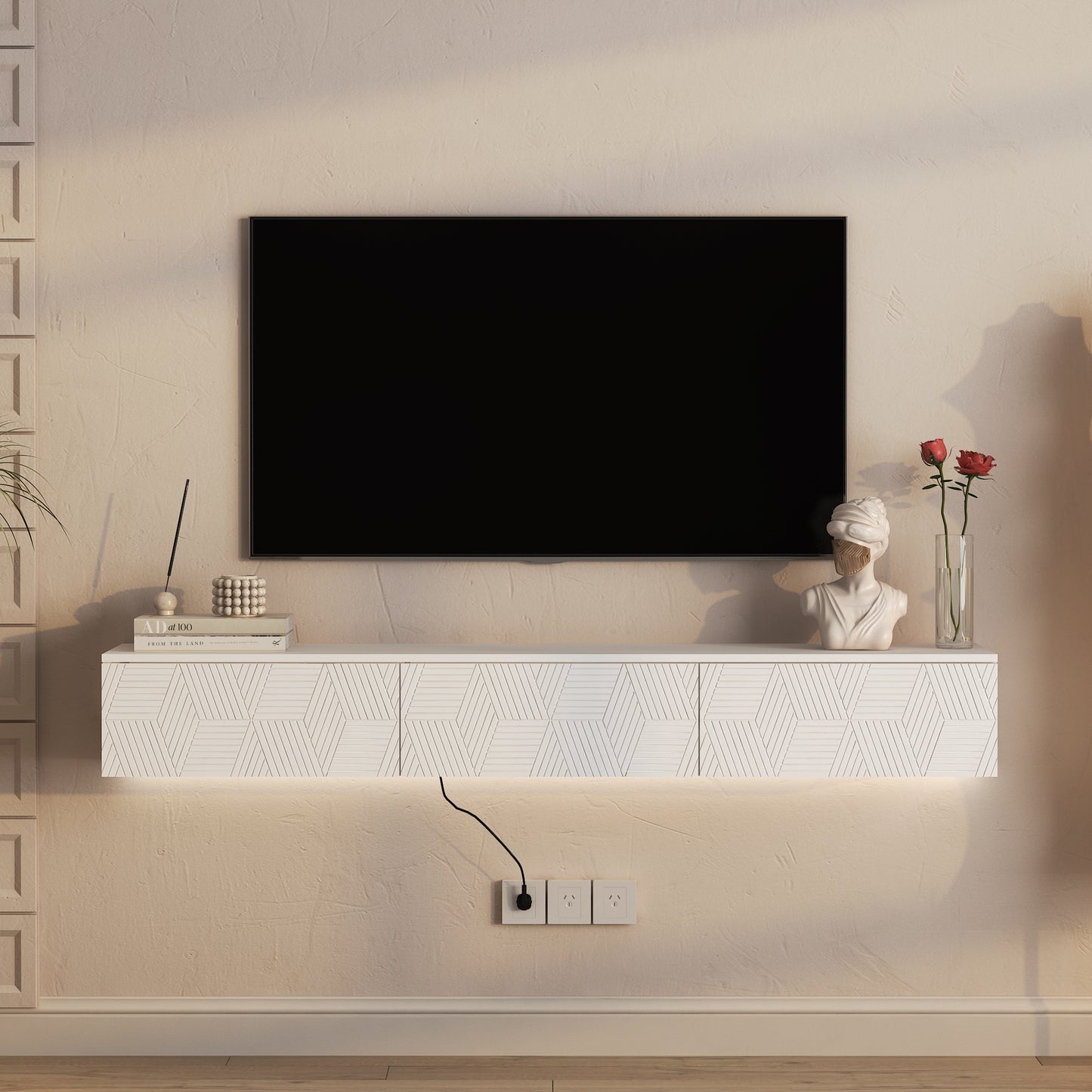Floating TV Stand Wall Mounted With 16 Color LEDs,67  Modern TV Stand, Floating TV Cabinet Entertainment Center For 55 60 65 Inch TV,White