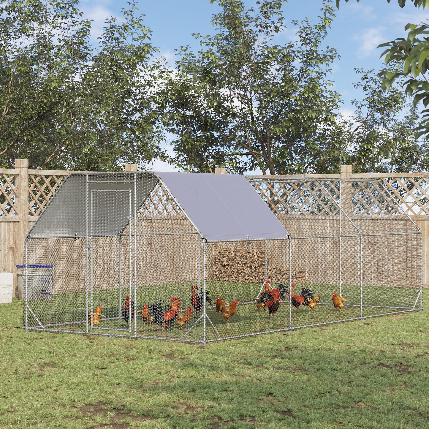 PawHut Large Chicken Coop Metal Chicken Run With Waterproof And Anti-UV Cover, Flat Shaped Walk In Fence Cage Hen House For Outdoor And Yard Farm Use, 1 Tube Diameter, 9.2 X 18.7 X 6.4