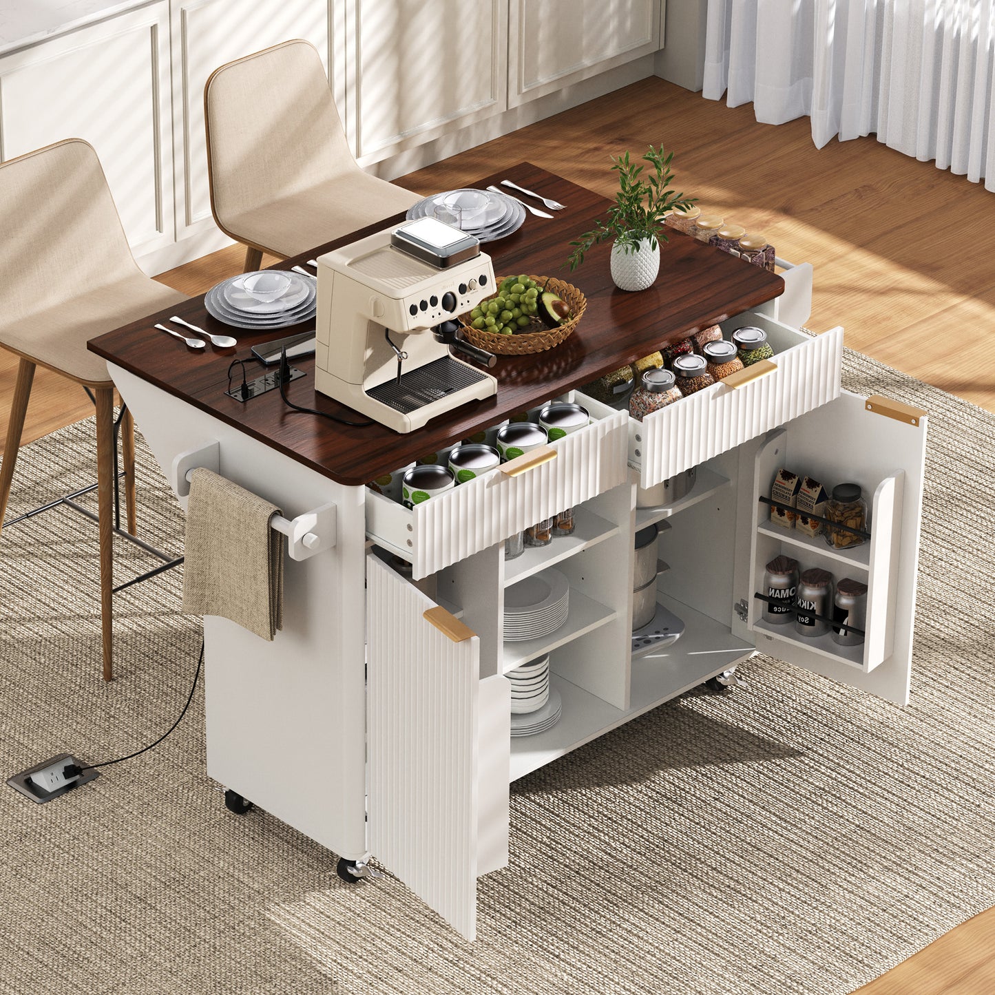 K&K 52  Fluted Kitchen Island With Drop Leaf, Power Outlet,  Kitchen Storage Cart With Adjustable Shelves, 2 Doors And 2 Drawers, Rolling Island Table With Walnut Color Top For Kitchen, White