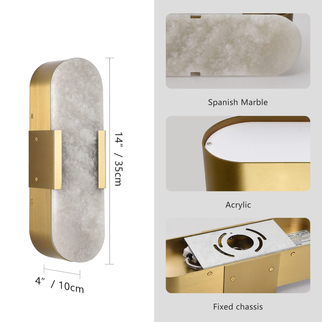 13.8in Natural Marble Wall Sconce, Gold Sconces Set Of Two, Indoor Modern Bathroom Sconces Wall Lighting For Living Room, Bedroom, Hallway, Stairs