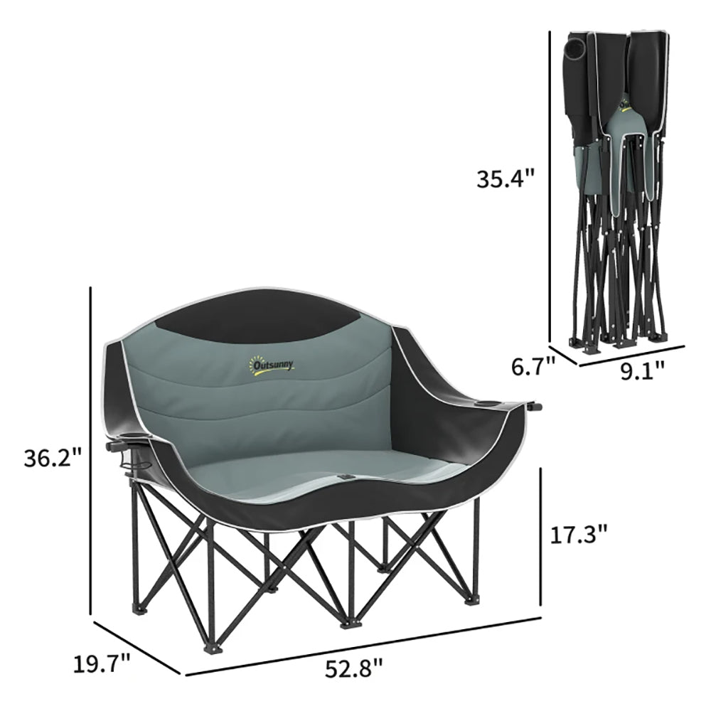 Padded Folding Camp Chair For Adults, Double Camping Chair 600D Oxford Fabric With Armrests, Cup Holders, Carry Bag For Outdoor