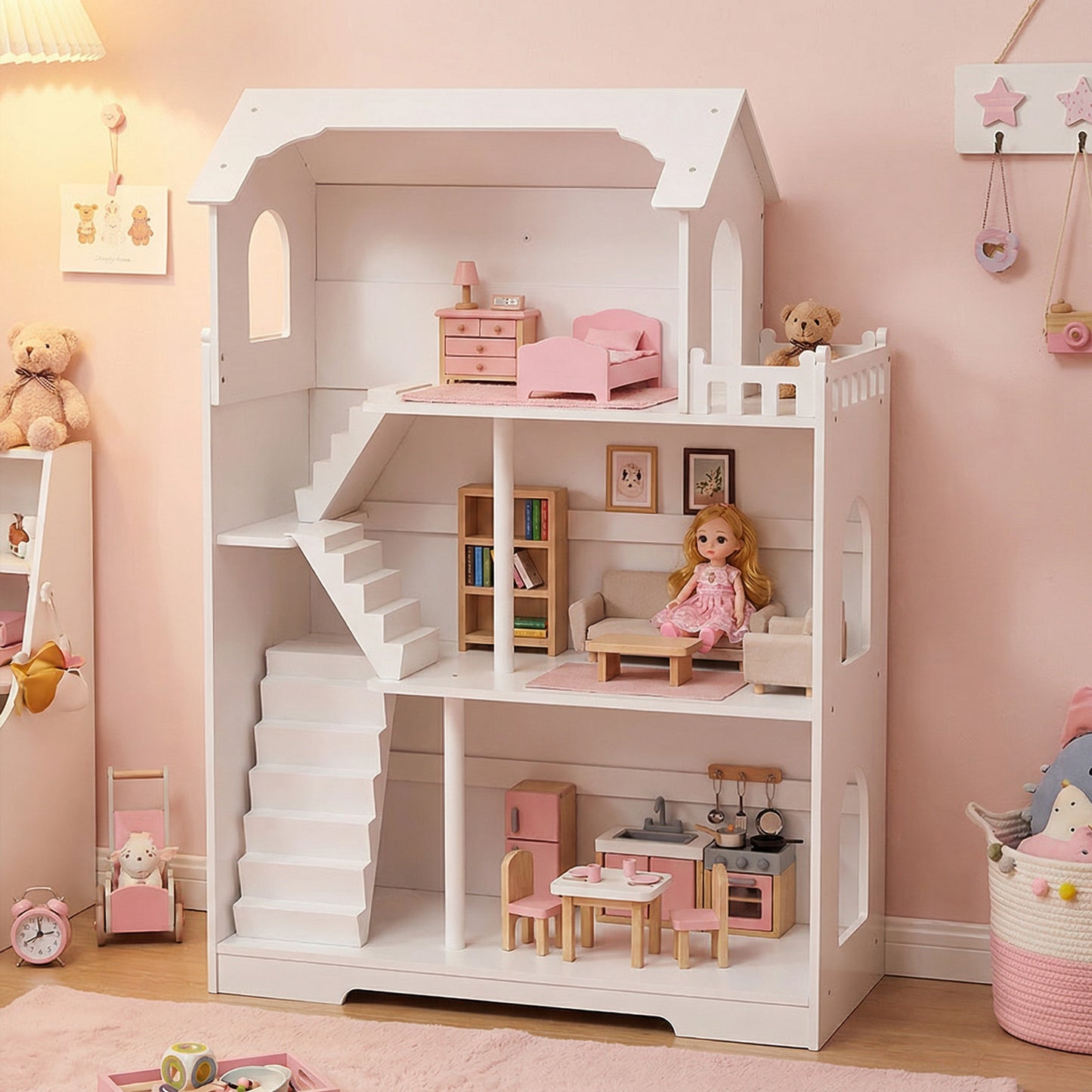 Wooden Dollhouse Bookshelf 3 Tier Kids Dollhouse Bookcase For Children Above 3 Years Old Role Playing