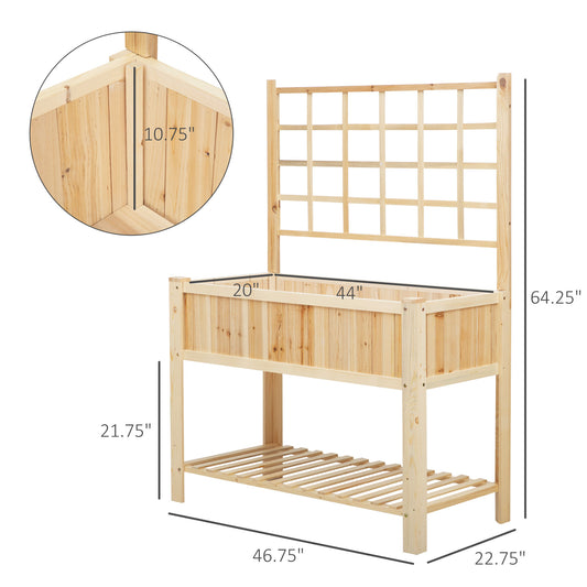 47'' Wooden Raised Garden Bed With Trellis, Coutryside Style Elevated Planter Box Stand With Open Storage Shelf, Spacious Planting Area For Vegetables, Herbs, Flowers