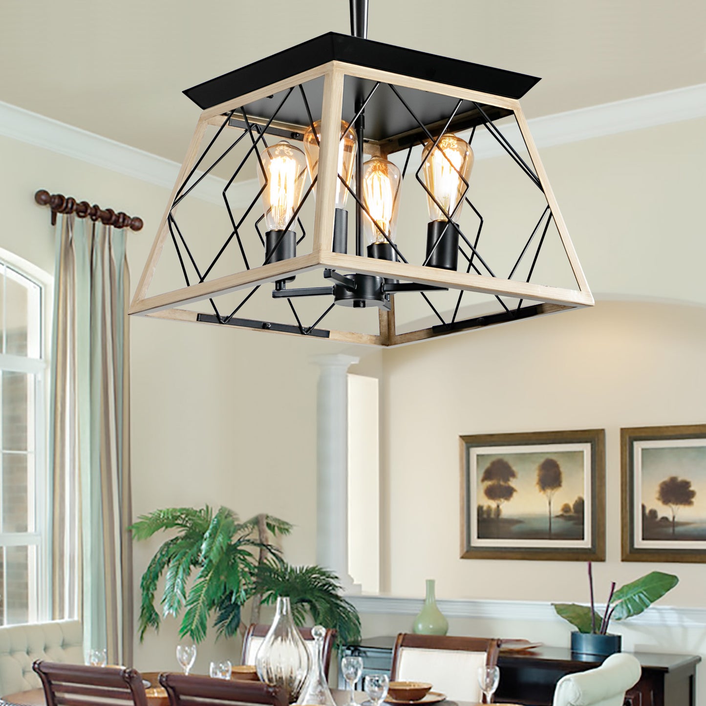 16in  Oak Industrial 4-Light Pendant Chandelier, Modern Metal Cage Design, Adjustable Hanging Light For Dining Room, Kitchen, Living Room -No Bulbs