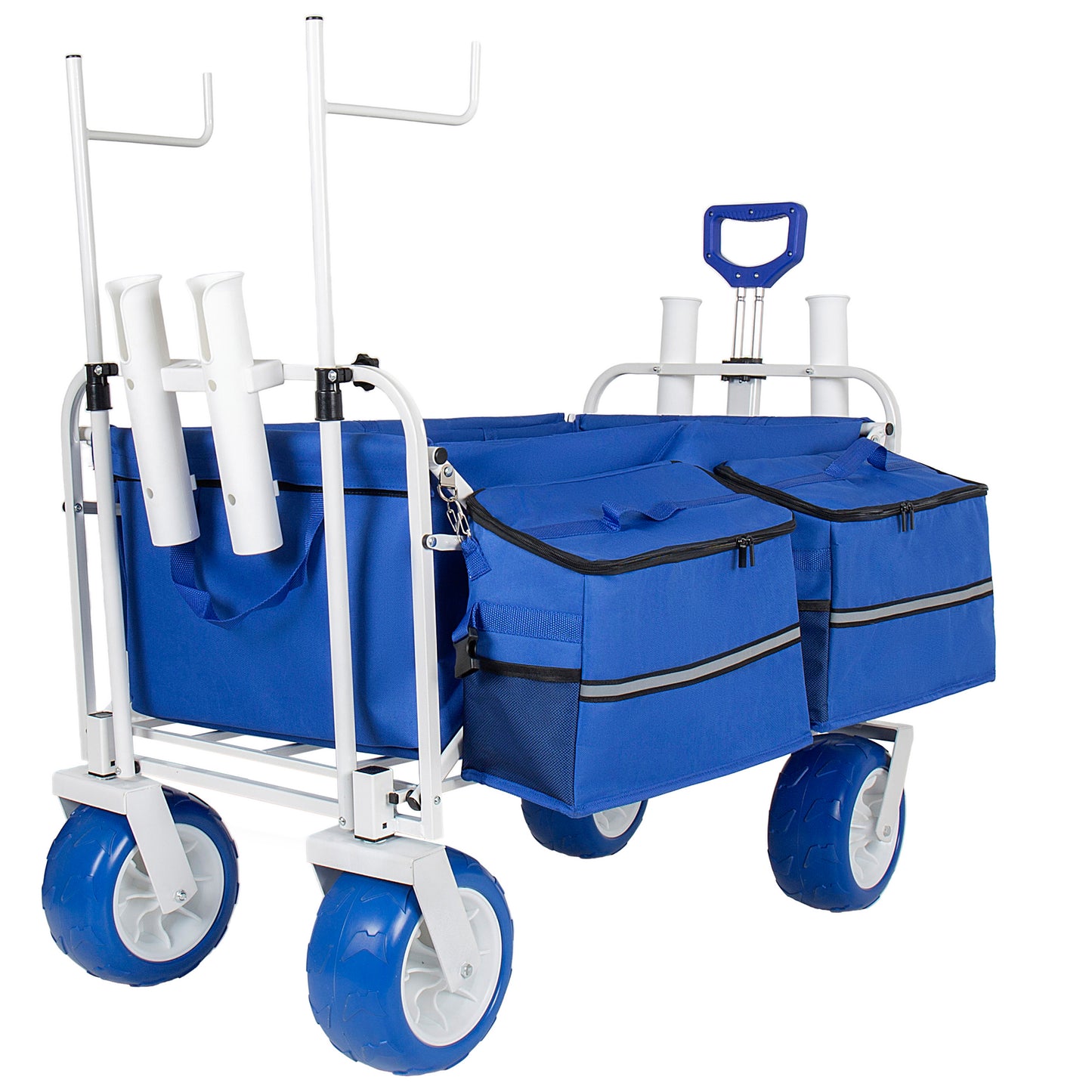 Beach Wagon Cart With Chair Racks & Fishing Rod Holders 9 All- Terrain Wheels 500lbs Heavy Duty Collapsible Removable Cooler & Storage Bags For Beach Camping Fishing Garden Outdoor Sports Blue