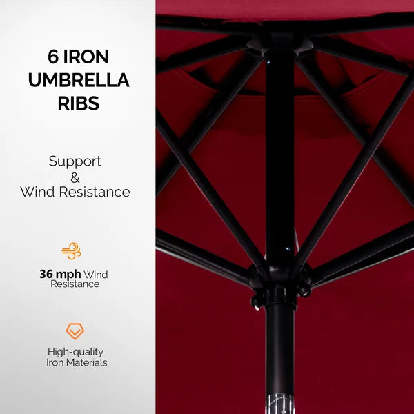 9ft Solar LED Patio Umbrella With Push Button Tilt & Crank, 6 Ribs Waterproof Polyester Outdoor Market Table Umbrella For Garden Backyard Pool, Burgundy