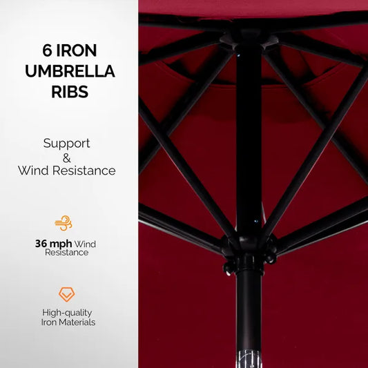 9ft Solar LED Patio Umbrella With Push Button Tilt & Crank, 6 Ribs Waterproof Polyester Outdoor Market Table Umbrella For Garden Backyard Pool, Burgundy