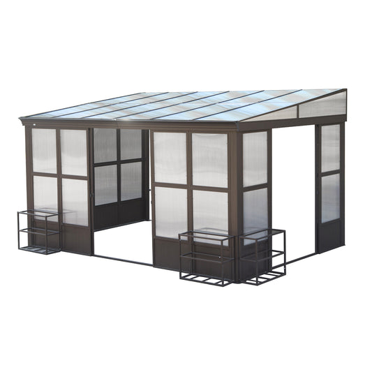 10x14FT All Season Sunroom, Outdoor Permanent Wall Mounted Solarium With Detachable Polycarbonate Windows, Aluminum Lean To Gazebo Sun Room With 3 Lockable Sliding Doors For Garden Patio Deck