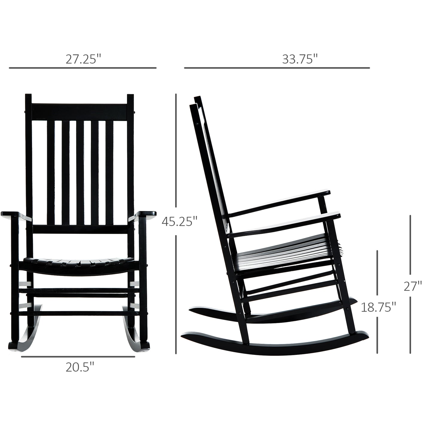 Wooden Outdoor Rocking Chair With Armrests, High Back For Garden, Patio, Balcony, Porch, Black