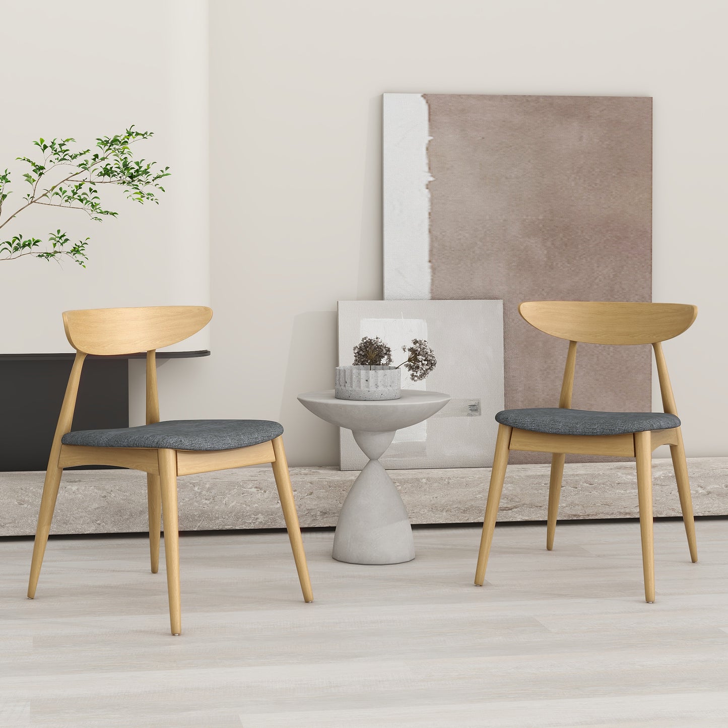 Set Of 2 Retro Rubberwood Chairs With Ergonomic Back & Plush Cushions, Natural-Gray
