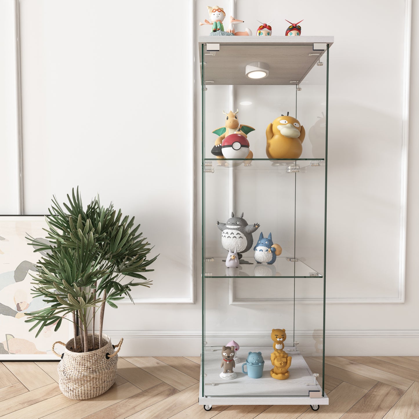 Modern Glass Display Cabinet With LED Lights, Quick-assembly Antique Cabinet, Tempered Glass Bookshelf, Suitable For Living Room And Bedrooms, 1-door 3-shelf, White