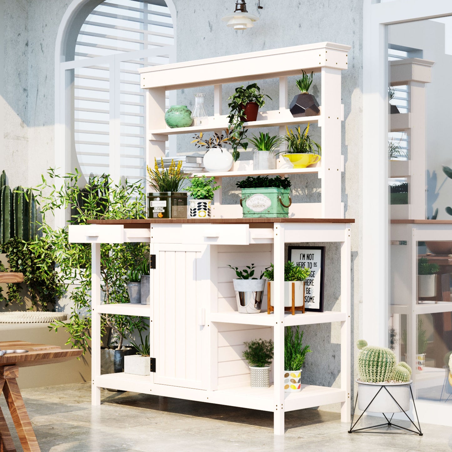TOPMAx 66  Large Outdoor Farmhouse Wooden Potting Bench Table  Garden Workstation With 2 Drawers  Cabinet And Open Shelves For Backyard  Mudroom  White