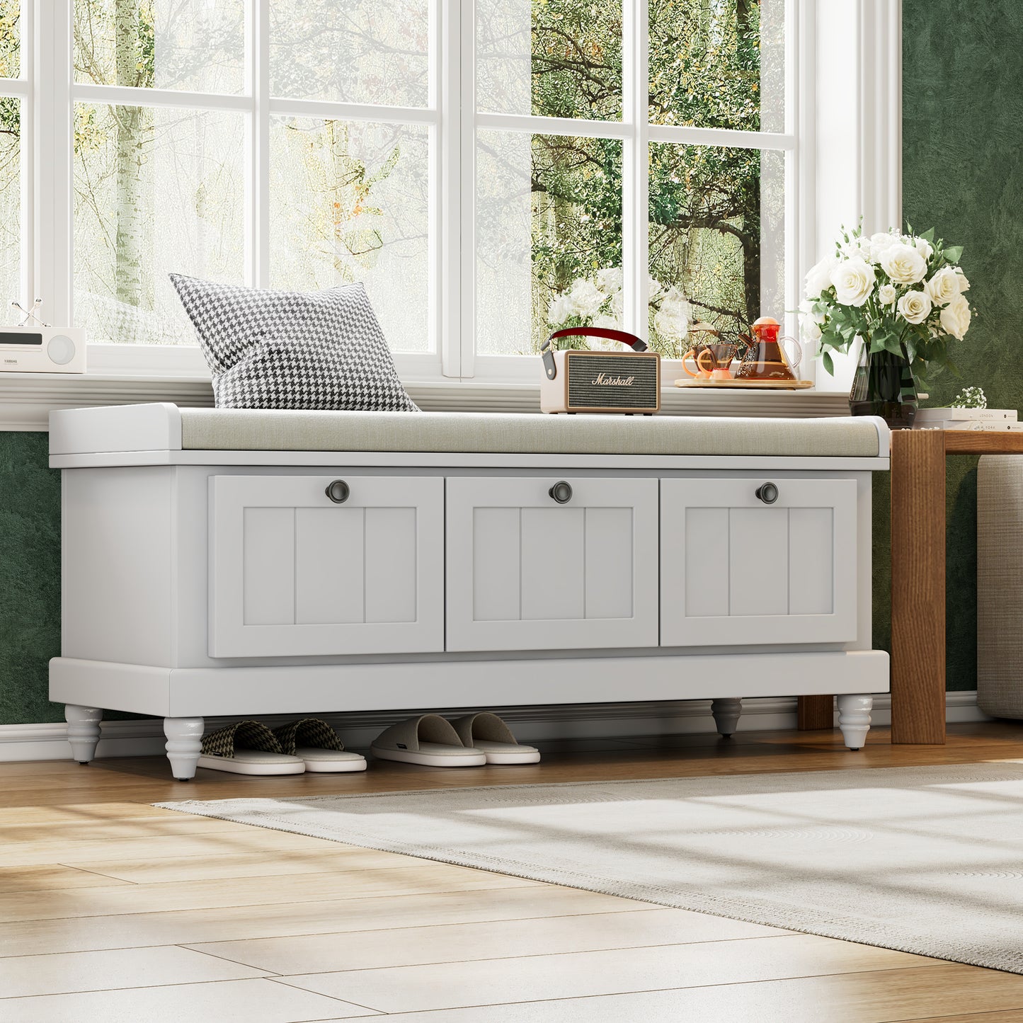 TREXM Classic Shoe Bench With Cushion And Three Drawers  Fluted Entryway Bench With Storage For Living Room  Entryway  And Hallways  Light Gray