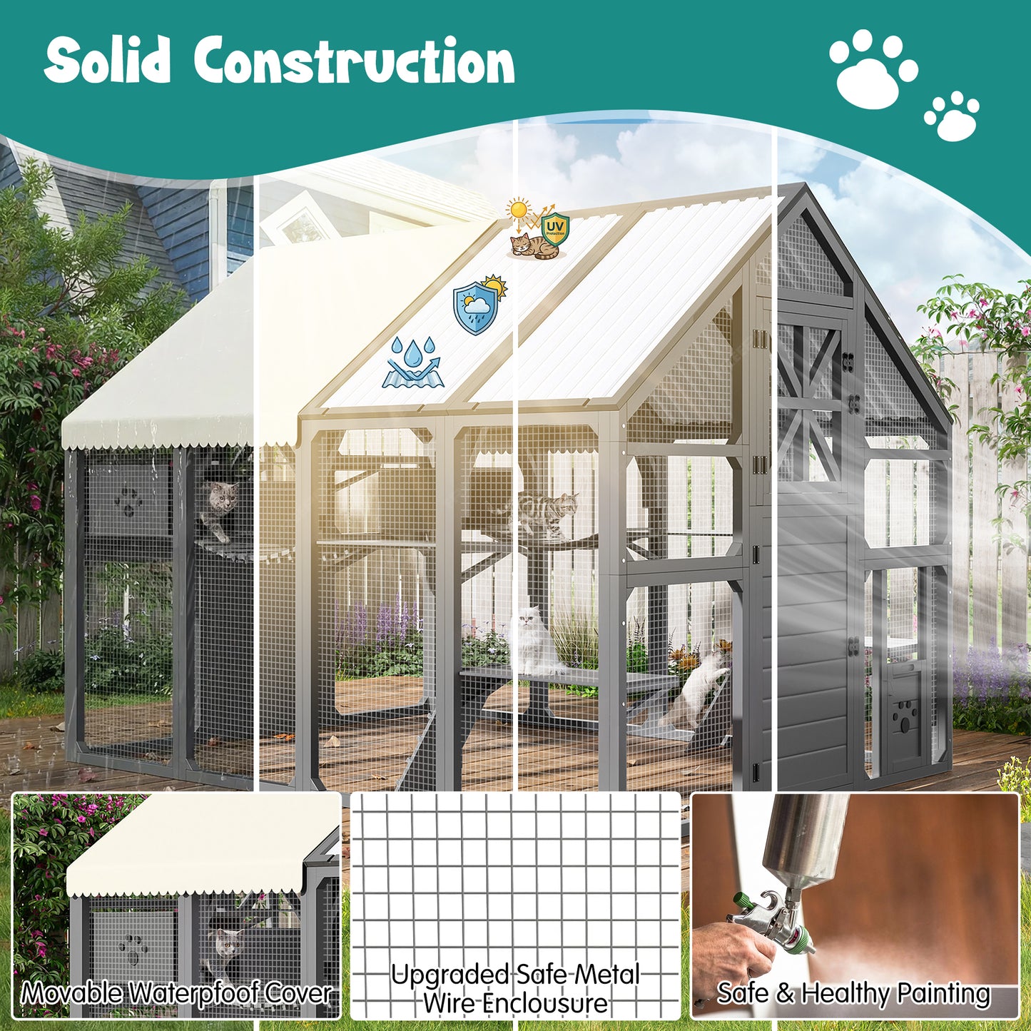 Extra Large Catio Outdoor Cat Enclosure, Walk-in Outdoor Pet House For Multiple Cats, Catio Cat Run Cage With Bridges,  PVC Roof, Weatherproof  Cover, 8 Platforms, 2 Resting Box, Grey