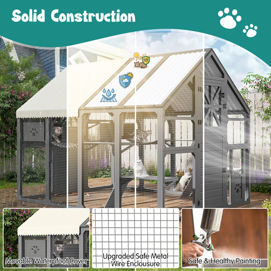 Extra Large Catio Outdoor Cat Enclosure, Walk-in Outdoor Pet House For Multiple Cats, Catio Cat Run Cage With Bridges,  PVC Roof, Weatherproof  Cover, 8 Platforms, 2 Resting Box, Grey
