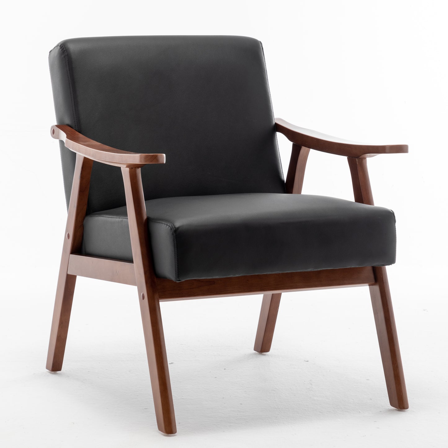 Accent Chair With Microfiber Upholstery And Solid Wood Frame, Classic Mid-Century Modern Living Room Furniture For Extra Seating, Black PU PVC