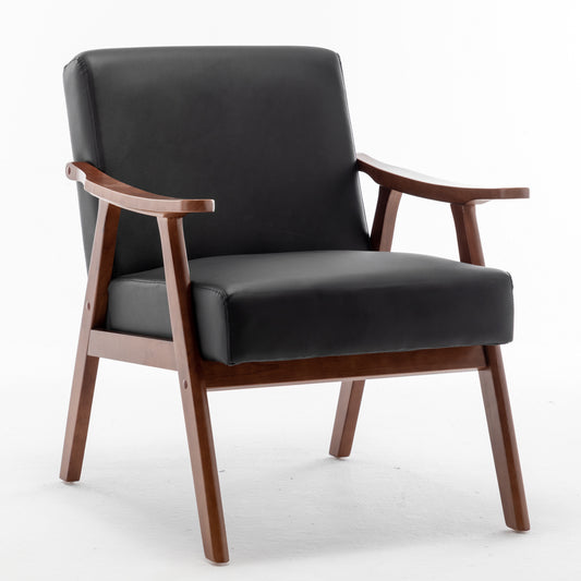 Accent Chair With Microfiber Upholstery And Solid Wood Frame, Classic Mid-Century Modern Living Room Furniture For Extra Seating, Black PU PVC