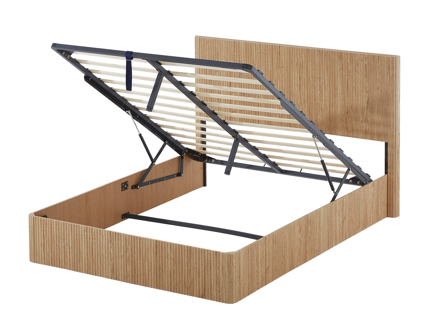 Queen Size Lift Up Storage Bed Frame, Wooden Corrugated Curved Lines, Hydraulic Storage No Box Spring Needed, Oak.