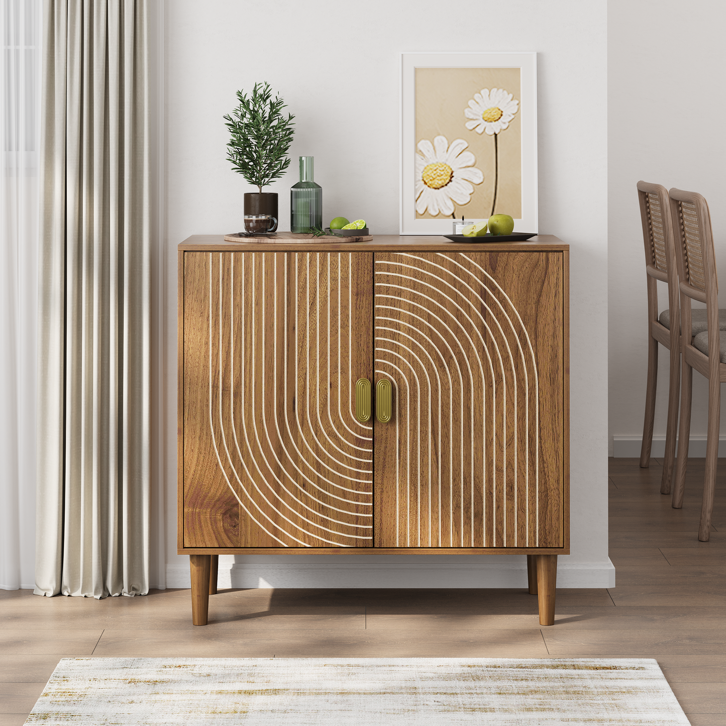 Walnut Wood Buffet Cabinet With Line Groove Design,Sideboard Buffet Cabinet With Storage,Multifunctional Accent Cabinet  For Living Room,Entryway,Hallway,Office,Kitchen