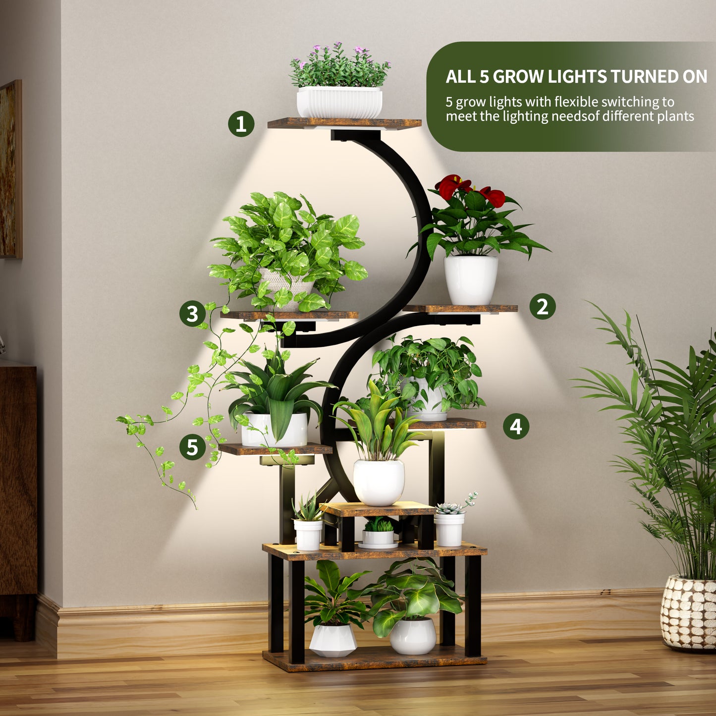 8-Tiered Indoor Plant Stand With 5 Grow Lights, 10-Level Stepless Dimming, Durable Thickened Metal Steel Pipe  0.8mm  For Living Room, Garden