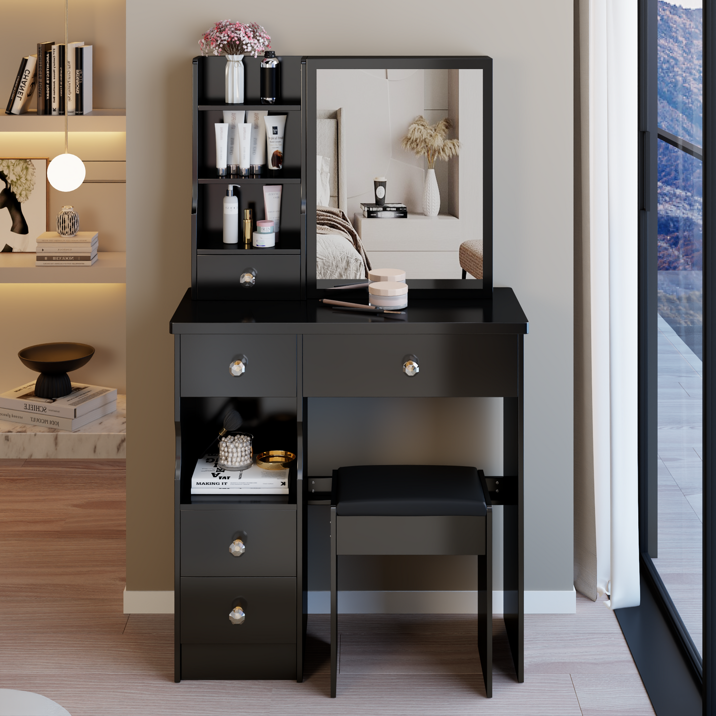 29.2  Small Space Left Drawer Desktop Vanity Table   Cushioned Stool, Extra Large Right Sliding Mirror, Multi Layer High Capacity Storage, Practical Fashionable Dresser, EPA, GCC, UL Certificate