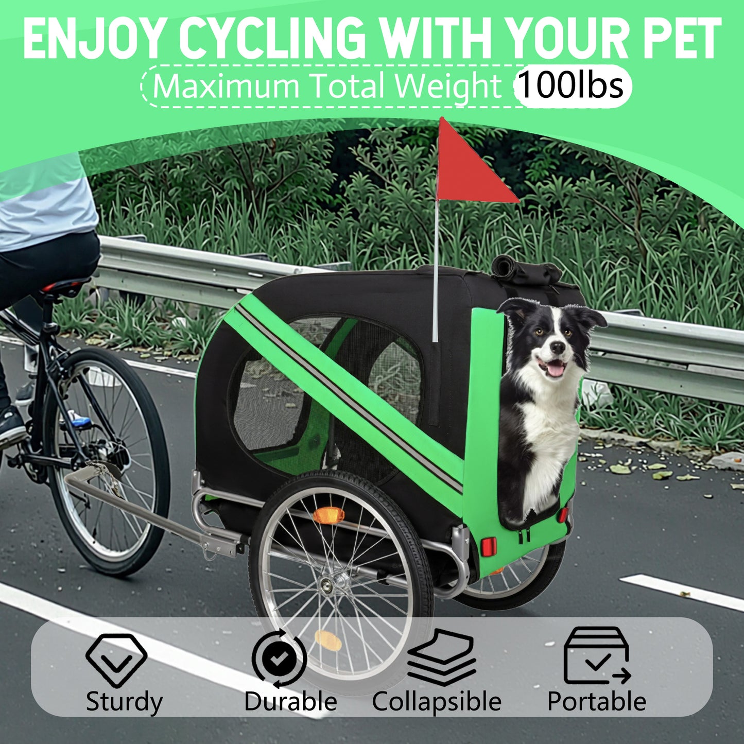 Large Folding Bike Trailer For Dogs - 100LB Capacity All-Terrain Pet Carrier, Durable Steel Frame For Cycling, Jogging, Camping & Outdoor Adventures, Black- Green