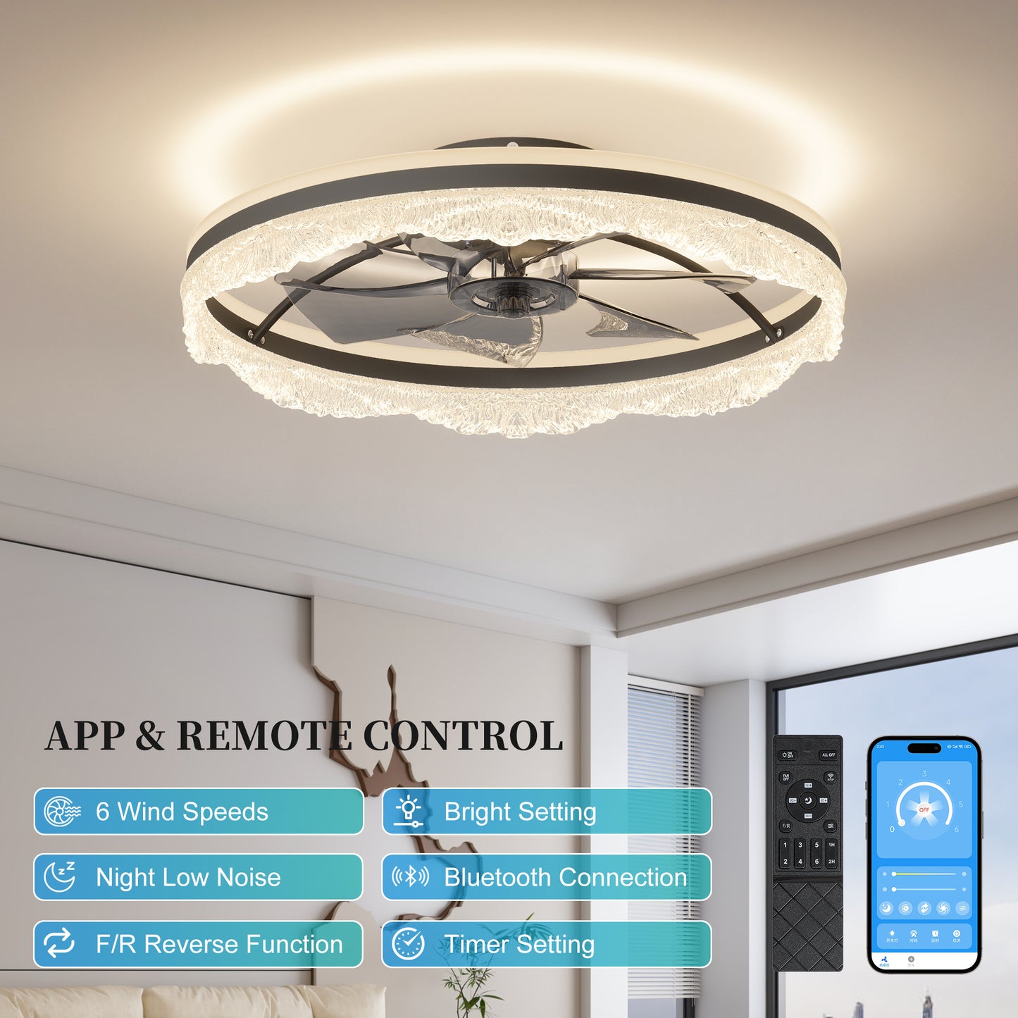 24  Quiet Ceiling Fan With Light   LED Crystal Flush Mount Fan Lamp With Hidden Blades And Natural Airflow, Perfect For Bedroom, Kids Room, Study Room