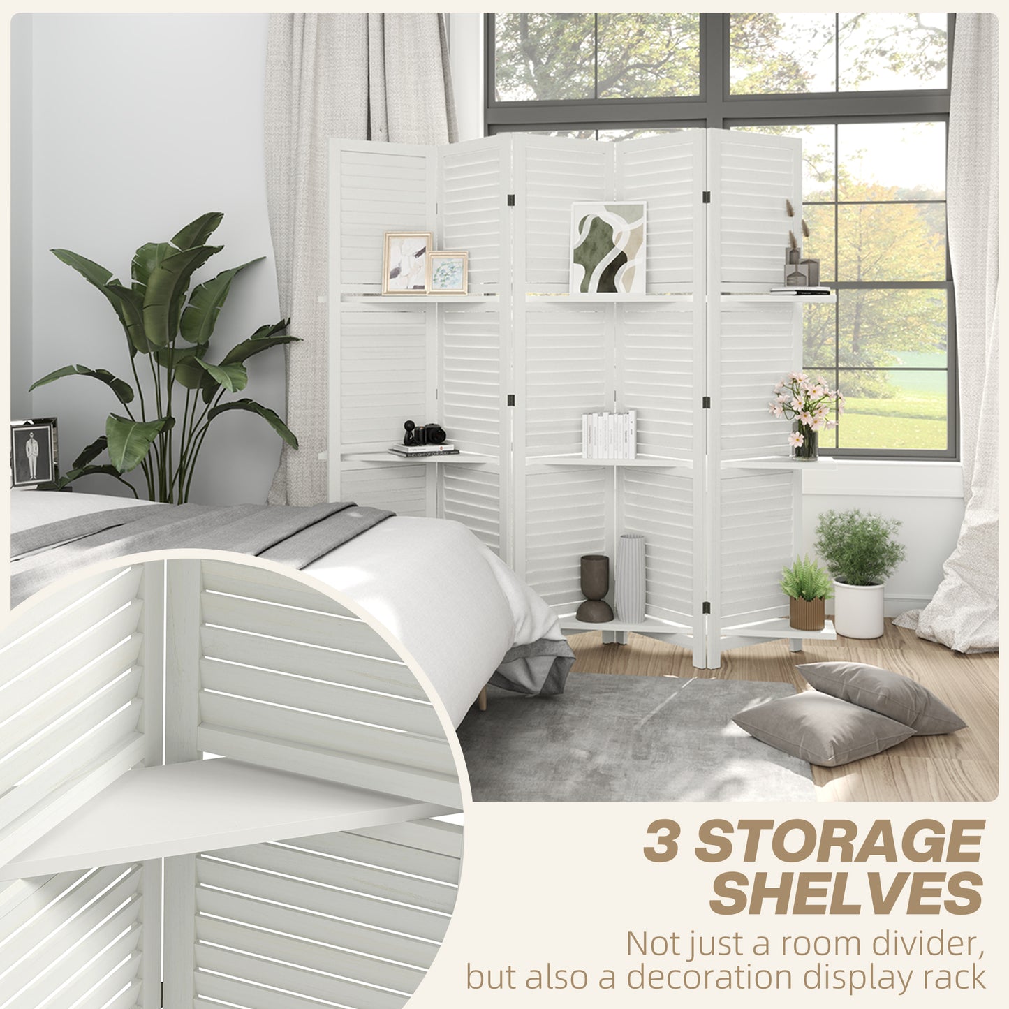 5 Panel 67" Tall Wood Privacy Screen Room Divider With 3 Shelves And Folding Storage For Bedroom, White