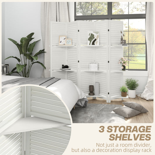 5 Panel 67" Tall Wood Privacy Screen Room Divider With 3 Shelves And Folding Storage For Bedroom, White