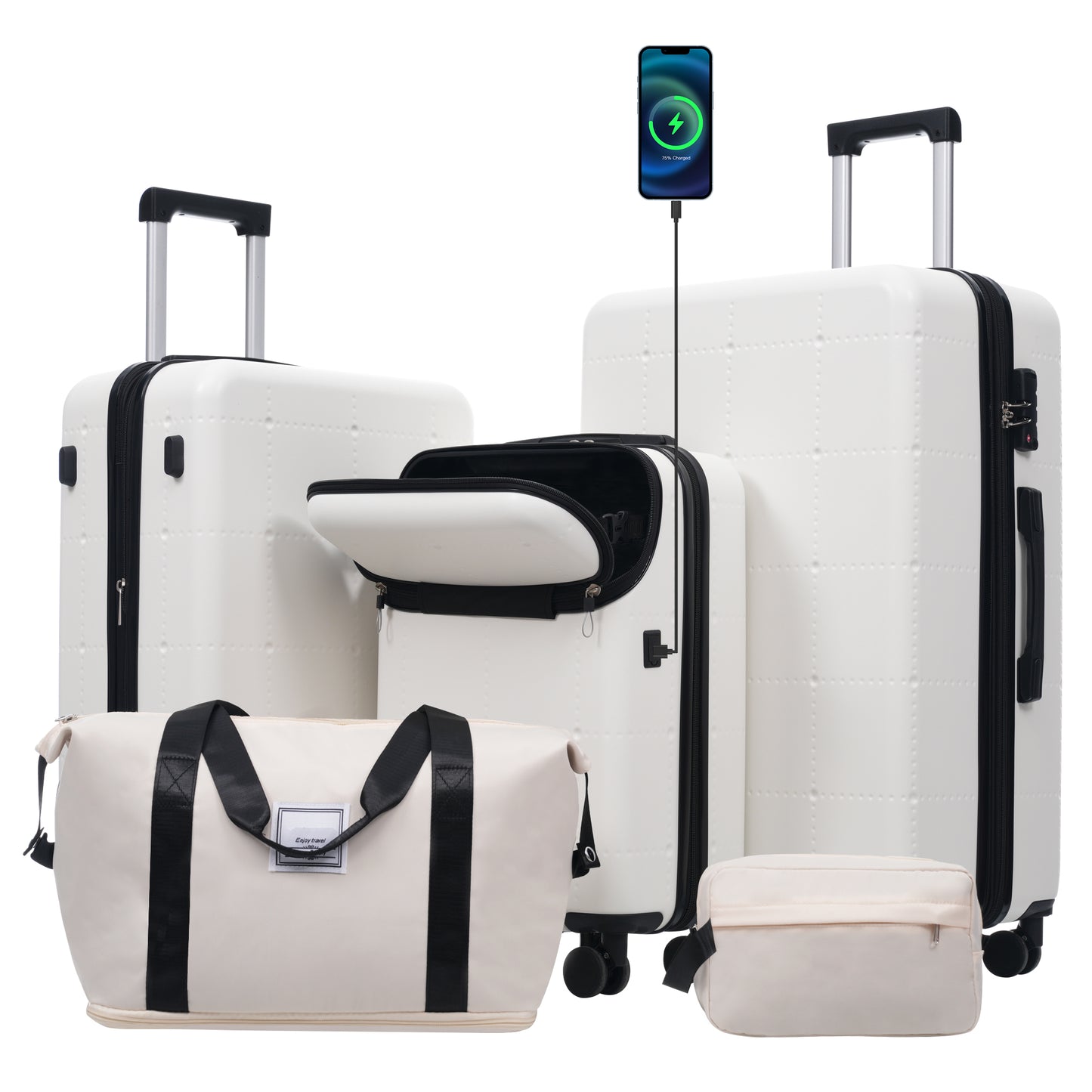 Hardside Luggage Set 5 Piece With Bags,20IN Half-opening Carry On Luggage With USB Port, Expandable 24IN 28IN Luggage With Double Spinner Wheels TSA Lock